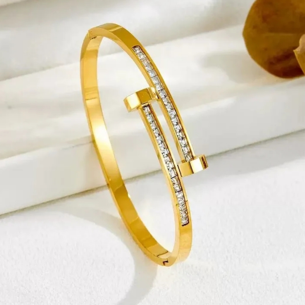 Modern Gold Plated Designer Bangle for Women – Geometric Zircon Stone Bracelet